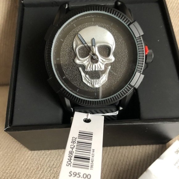ED HARDY GOTH MATTE BLACK SILVER SKULL MEN'S SILICONE STRAP WATCH**NEW! - Picture 3 of 8